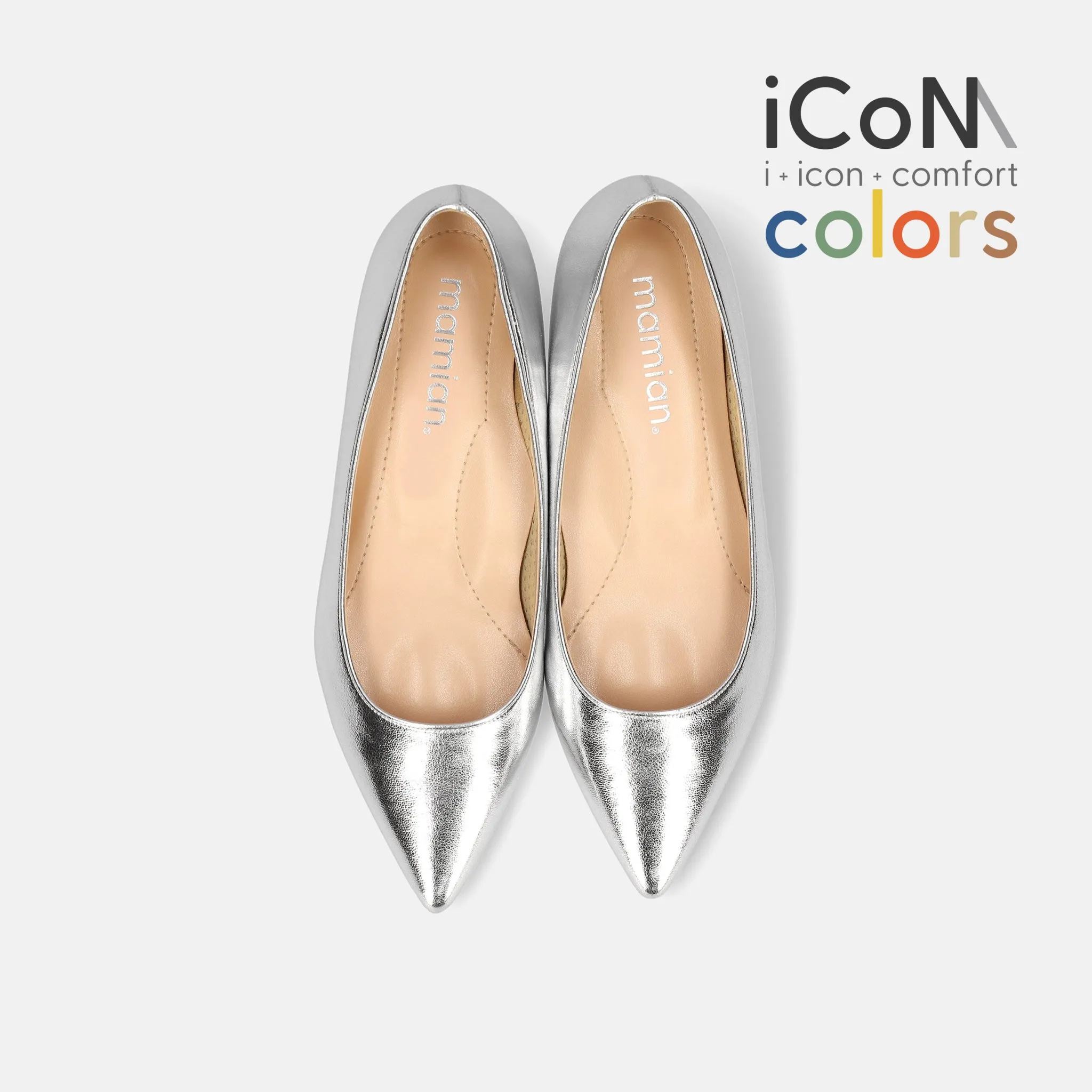 10% OFF: 2024SS: iCoN COLORS: Pointed Toe Smooth Flat Shoes (C20143) Silver