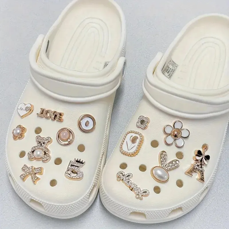 14Pcs Chic Golden Bear & Bunny Bling Shoe Charms – Stylish Accessories for Women