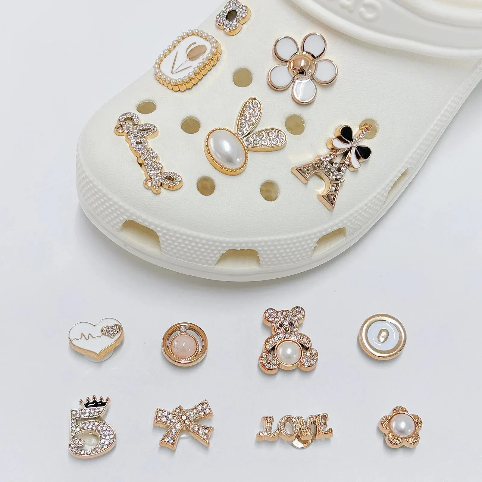 14Pcs Chic Golden Bear & Bunny Bling Shoe Charms – Stylish Accessories for Women