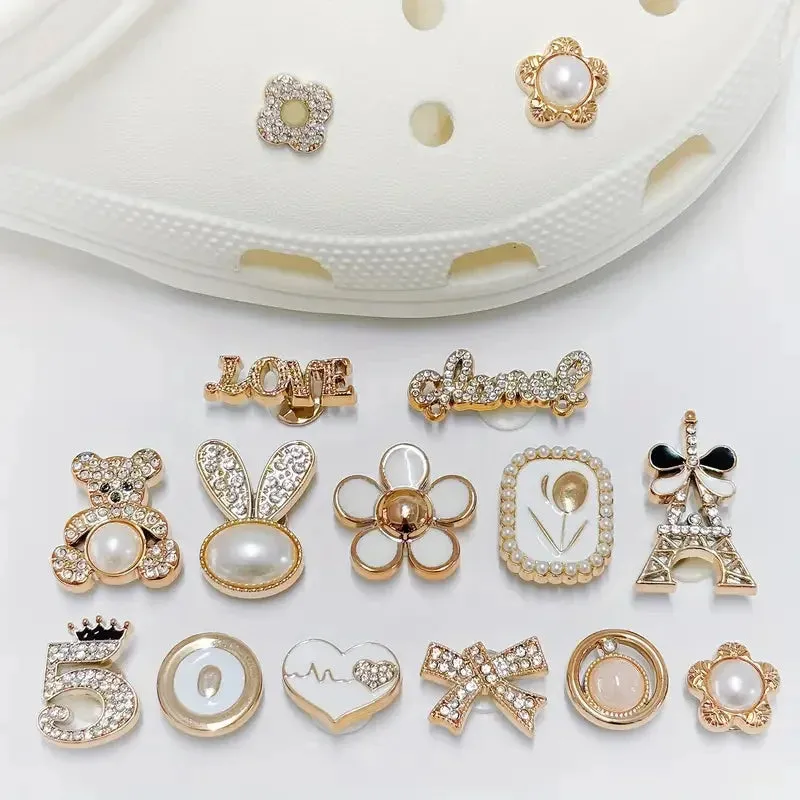 14Pcs Chic Golden Bear & Bunny Bling Shoe Charms – Stylish Accessories for Women