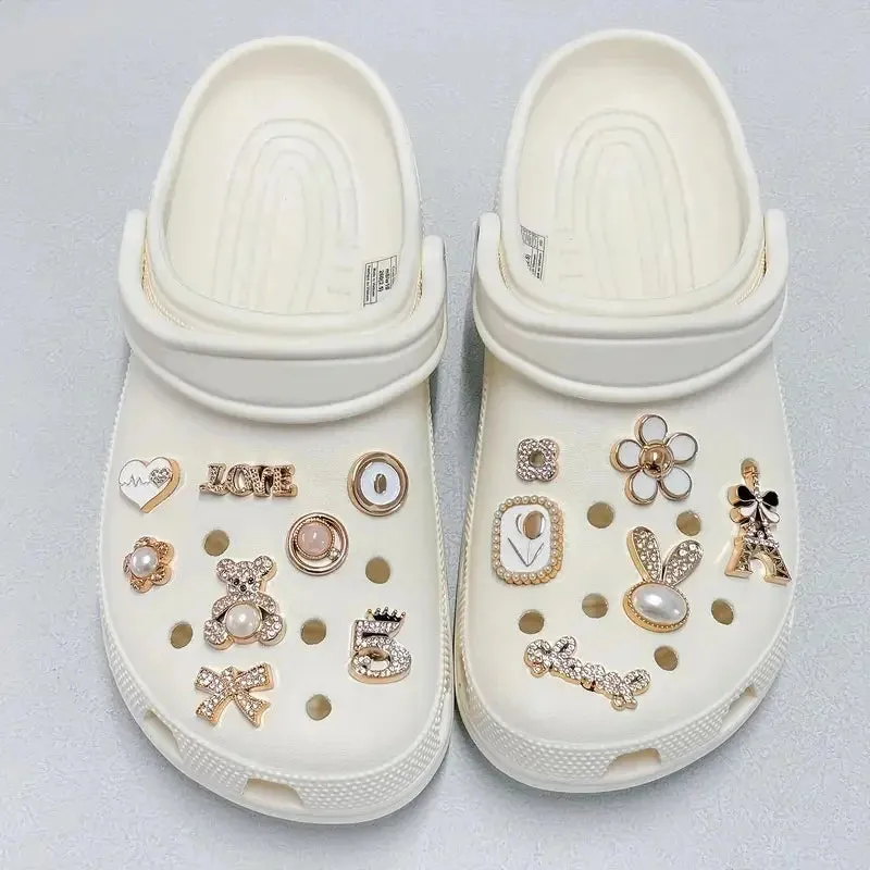 14Pcs Chic Golden Bear & Bunny Bling Shoe Charms – Stylish Accessories for Women
