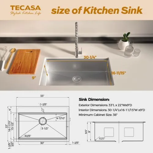 33 Inches  Kitchen Sink Dual Mounted Undercounter