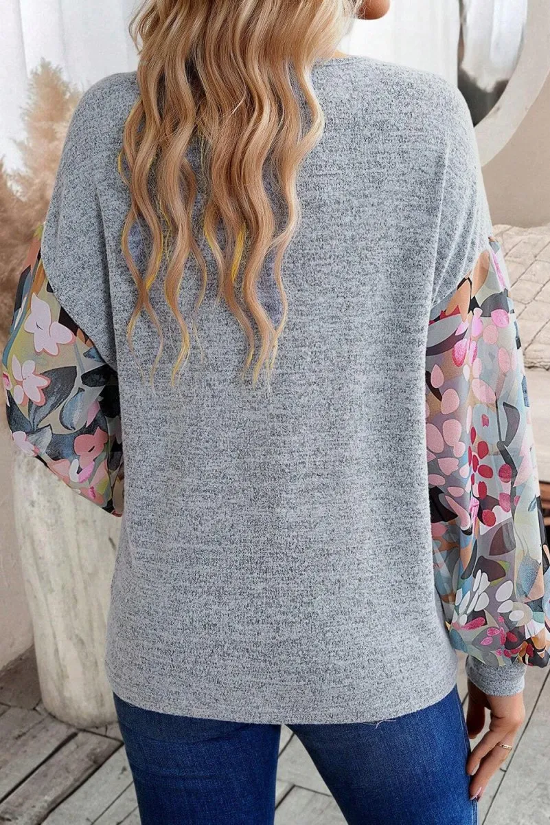 #44 Gray Floral Lantern Sleeve Patchwork Buttoned V Neck Top