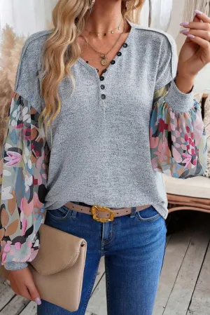 #44 Gray Floral Lantern Sleeve Patchwork Buttoned V Neck Top