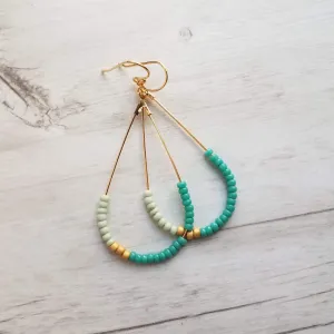 Beaded Gold Teardrop Earrings, large gold tear drop earring, beaded teardrop seed bead earring delicate blue green mint matte gold turquoise