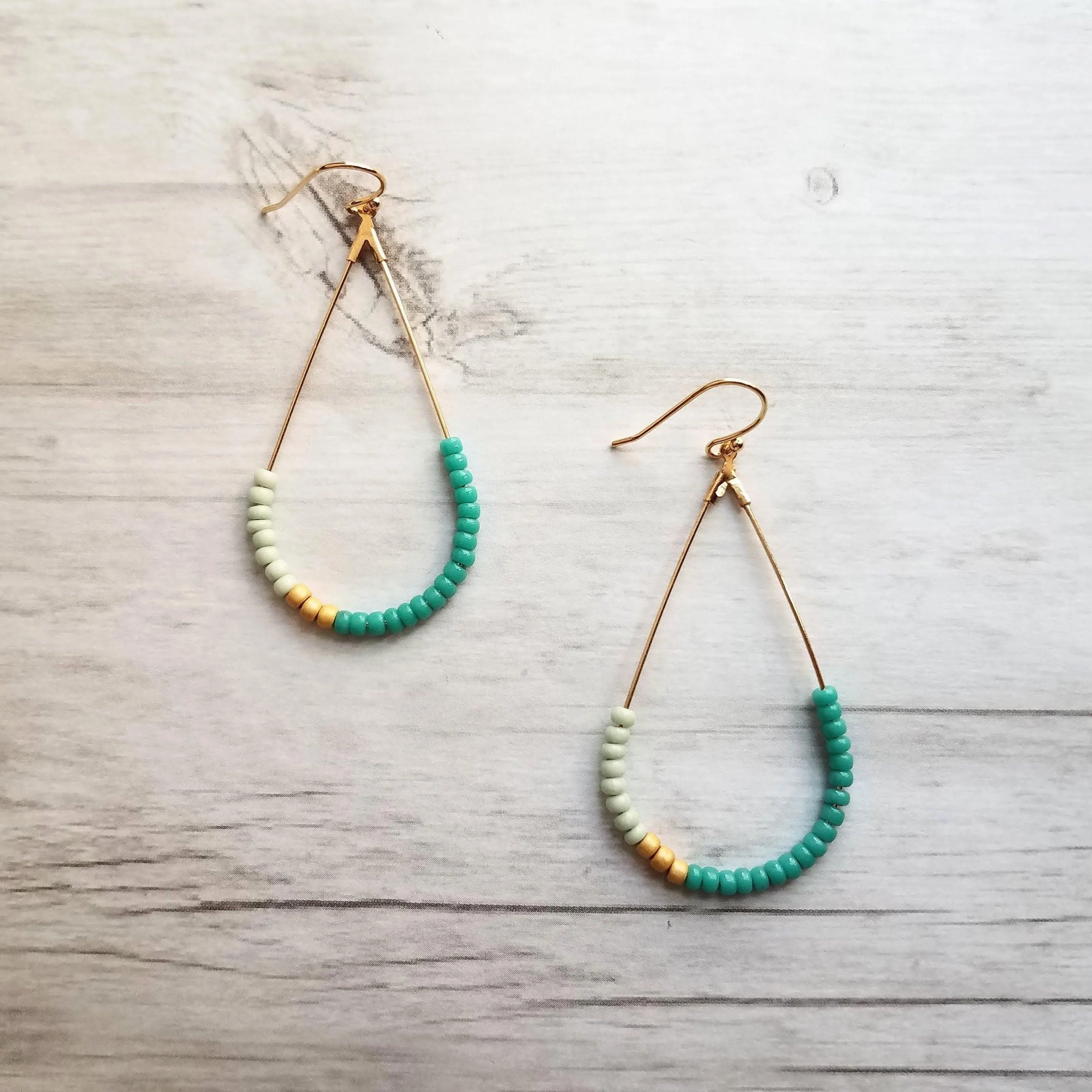 Beaded Gold Teardrop Earrings, large gold tear drop earring, beaded teardrop seed bead earring delicate blue green mint matte gold turquoise