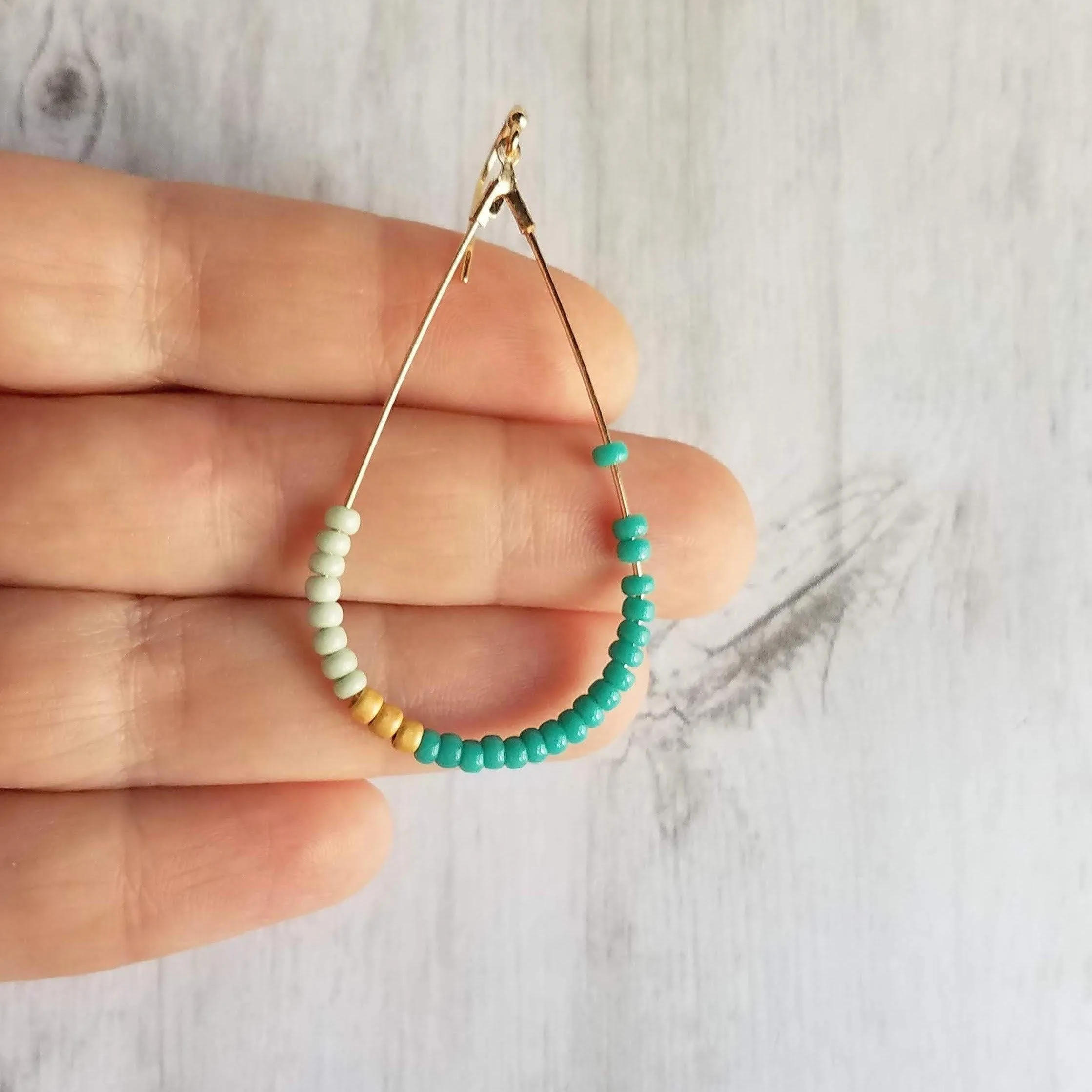 Beaded Gold Teardrop Earrings, large gold tear drop earring, beaded teardrop seed bead earring delicate blue green mint matte gold turquoise