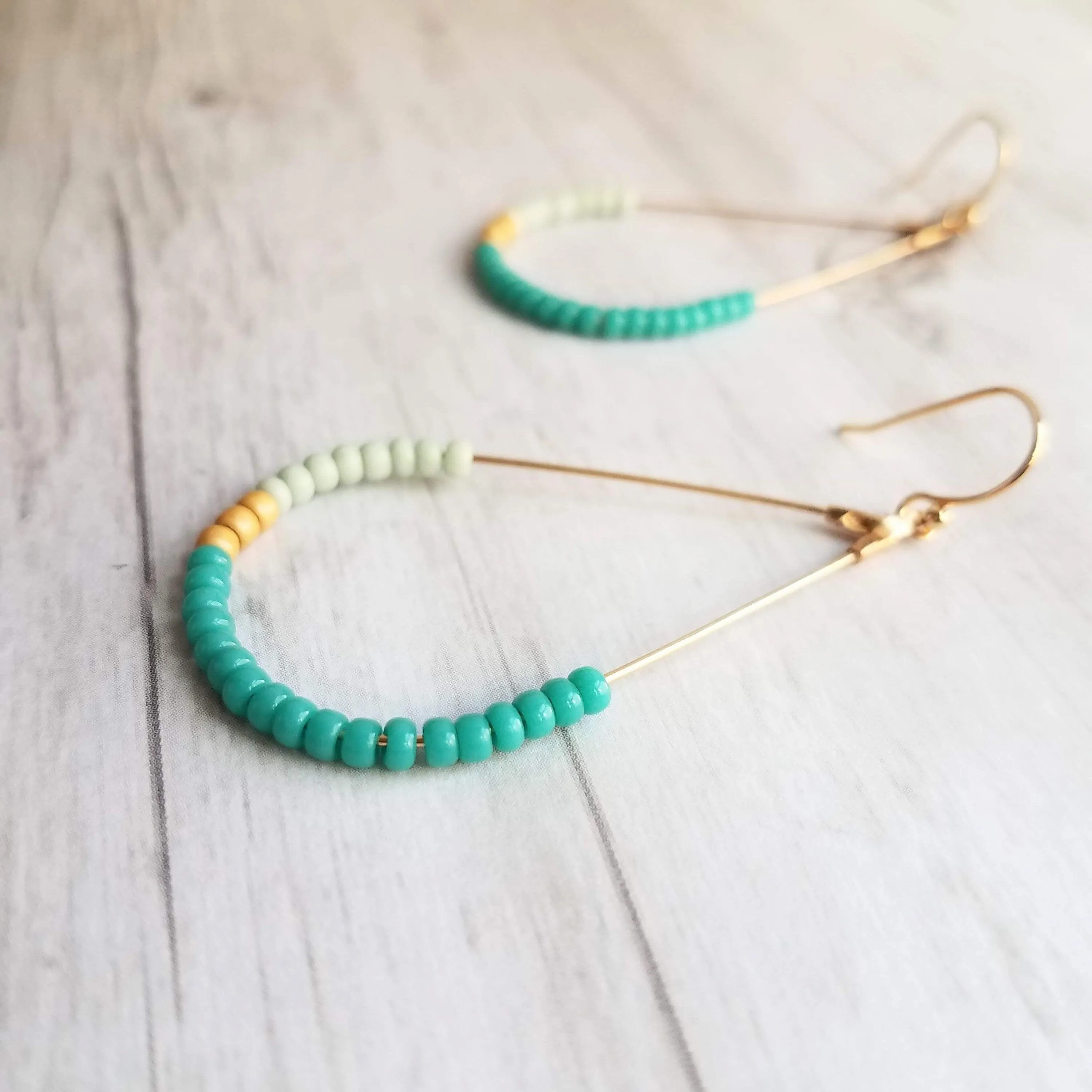 Beaded Gold Teardrop Earrings, large gold tear drop earring, beaded teardrop seed bead earring delicate blue green mint matte gold turquoise
