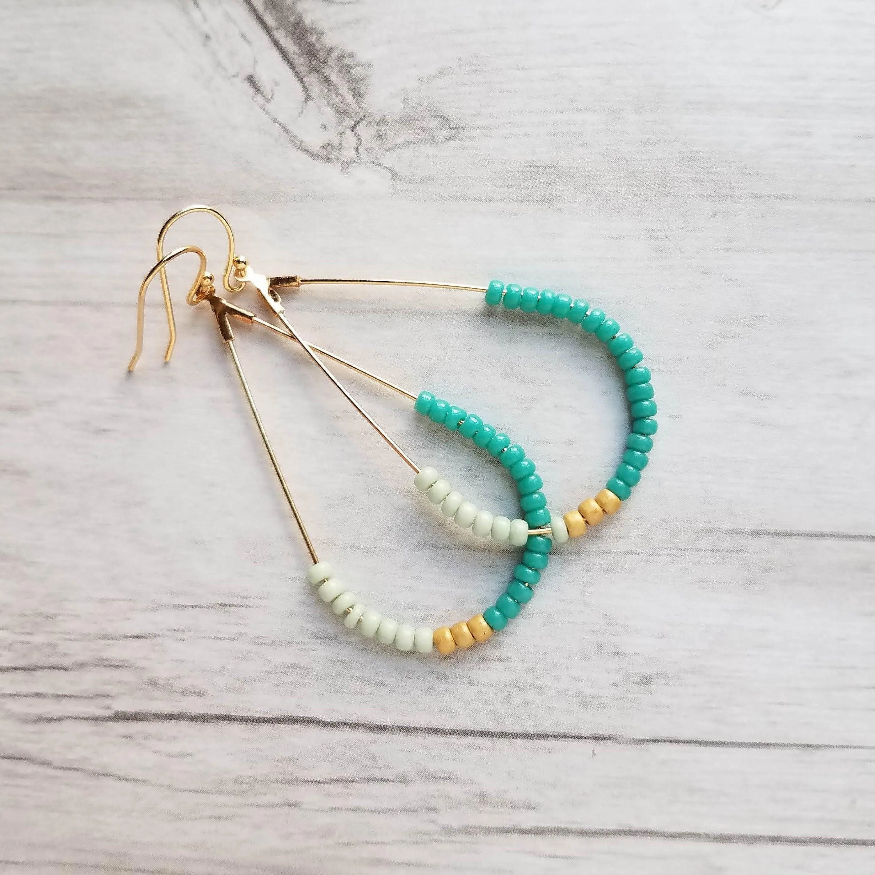 Beaded Gold Teardrop Earrings, large gold tear drop earring, beaded teardrop seed bead earring delicate blue green mint matte gold turquoise