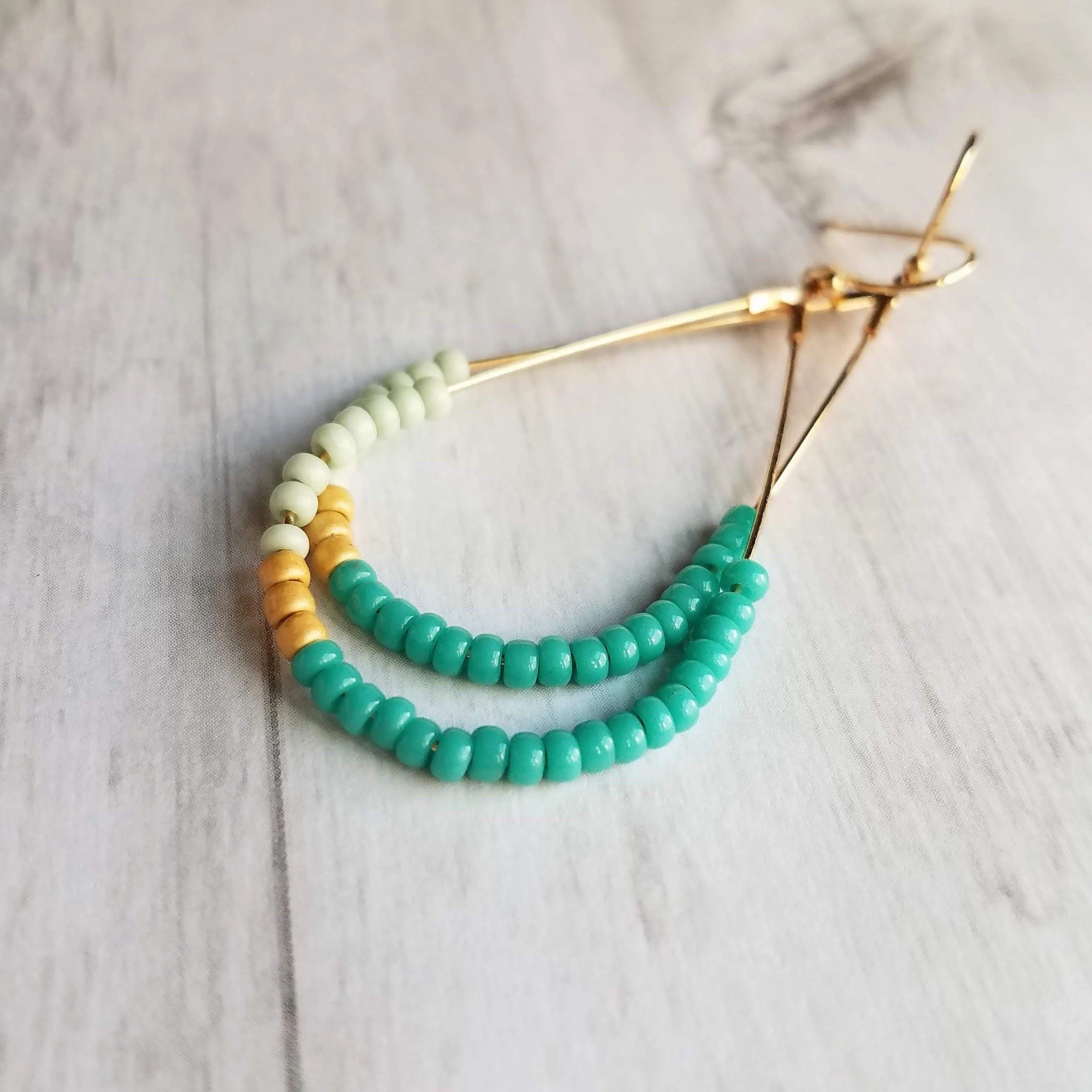 Beaded Gold Teardrop Earrings, large gold tear drop earring, beaded teardrop seed bead earring delicate blue green mint matte gold turquoise