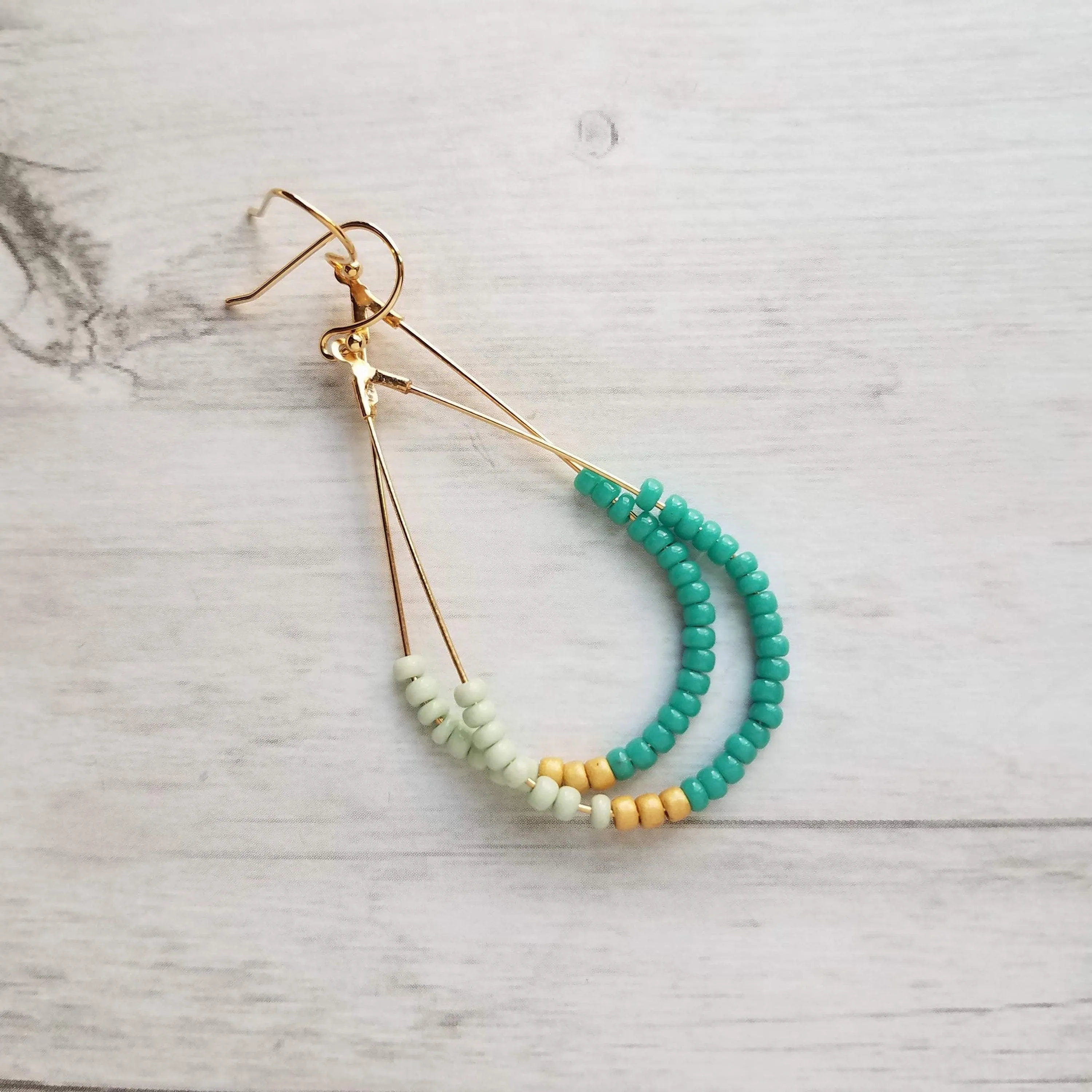 Beaded Gold Teardrop Earrings, large gold tear drop earring, beaded teardrop seed bead earring delicate blue green mint matte gold turquoise