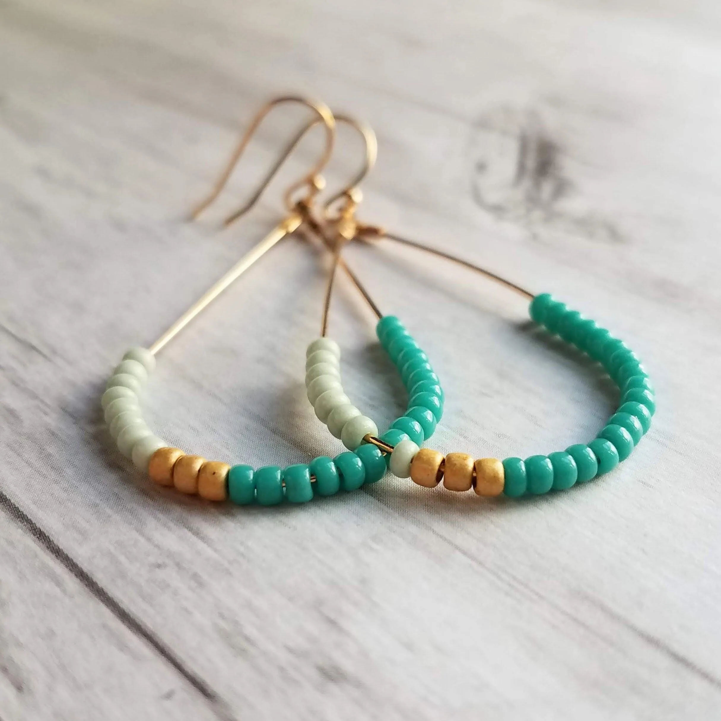 Beaded Gold Teardrop Earrings, large gold tear drop earring, beaded teardrop seed bead earring delicate blue green mint matte gold turquoise