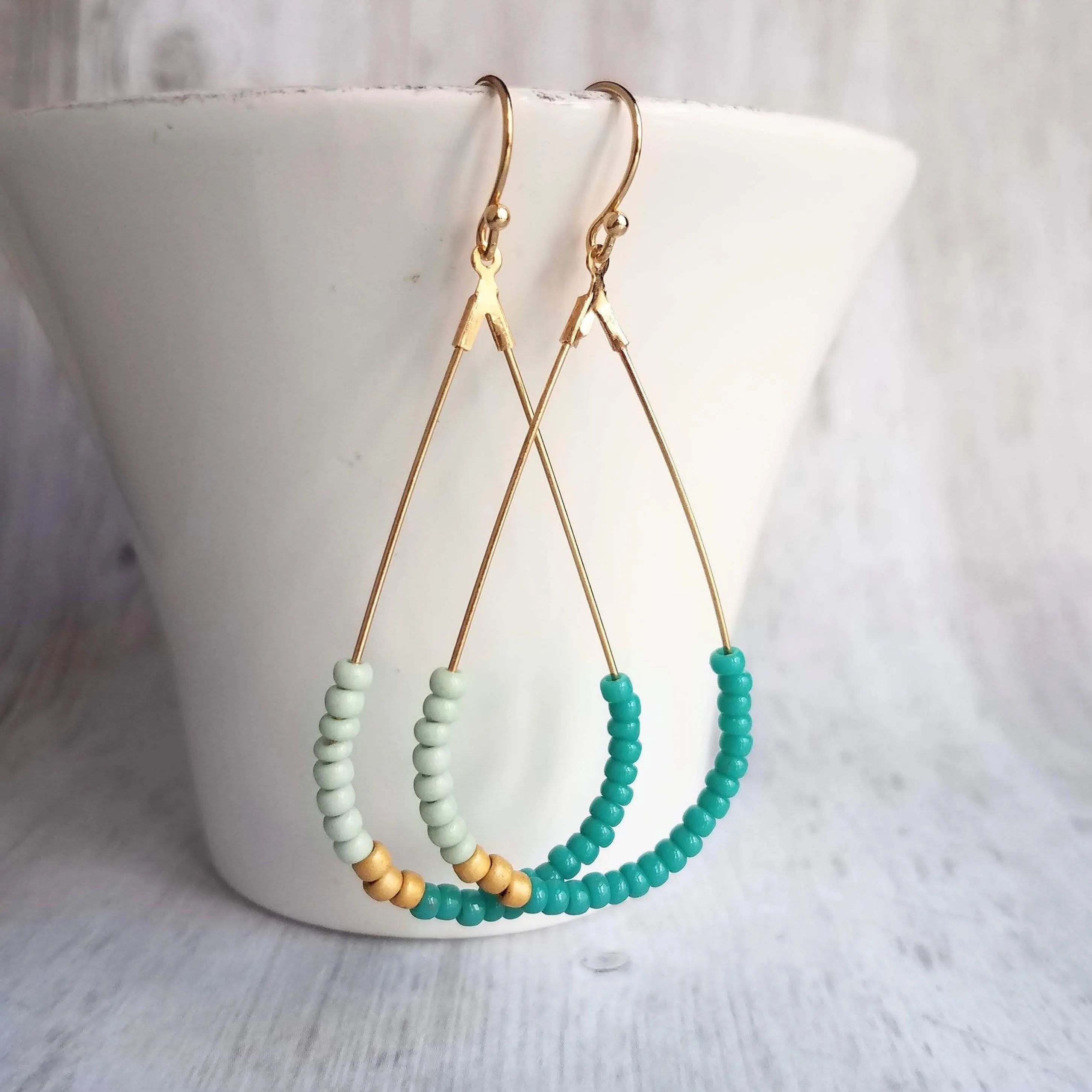 Beaded Gold Teardrop Earrings, large gold tear drop earring, beaded teardrop seed bead earring delicate blue green mint matte gold turquoise