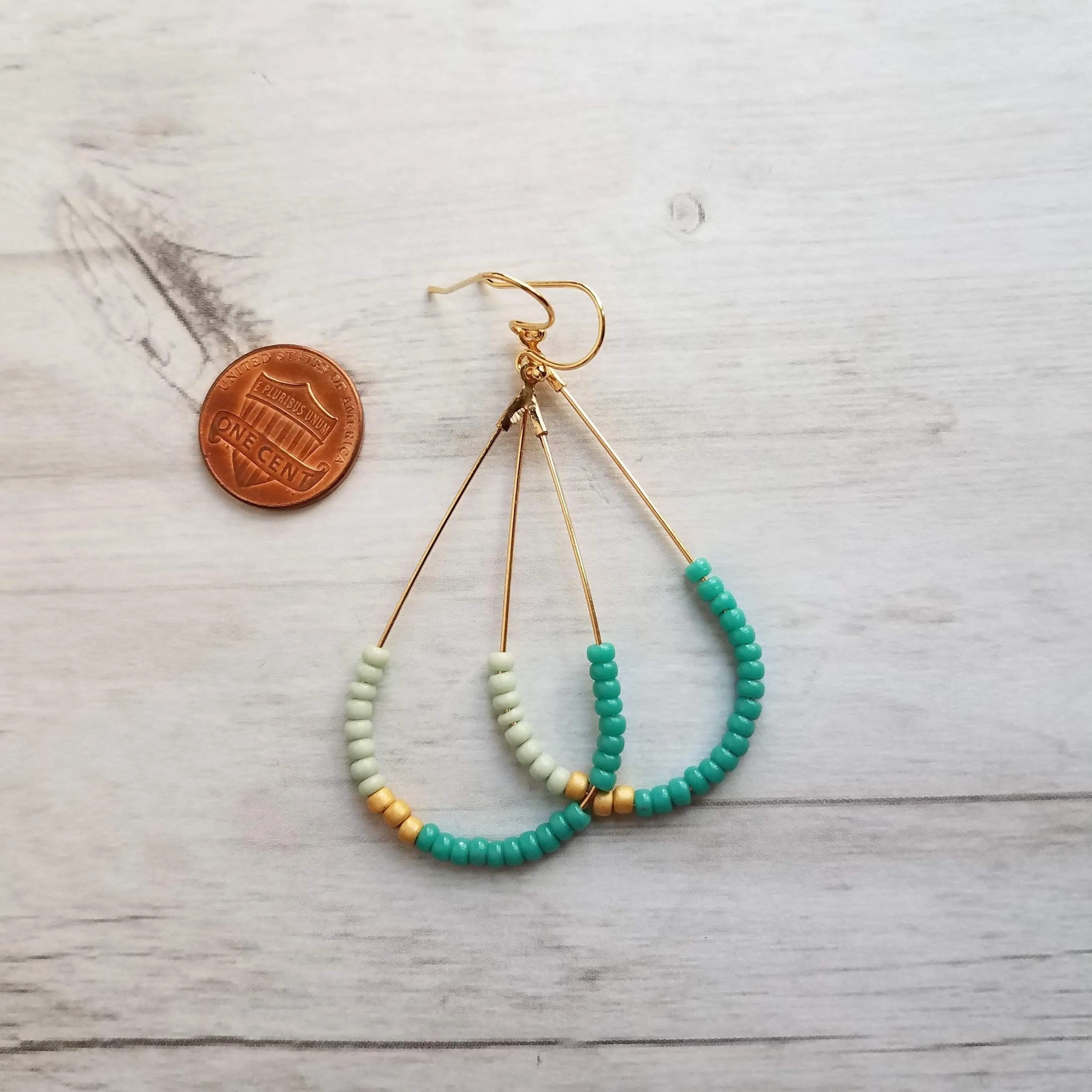 Beaded Gold Teardrop Earrings, large gold tear drop earring, beaded teardrop seed bead earring delicate blue green mint matte gold turquoise