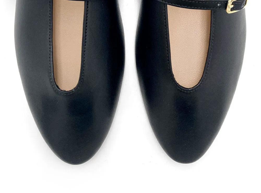 Black Leather Ballet Flats with V-Cut and Straps