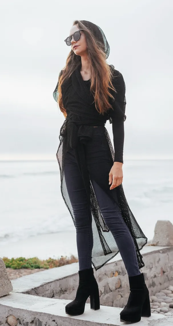 Black Mesh Cloak Hood, Belt, Long