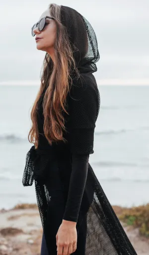 Black Mesh Cloak Hood, Belt, Long
