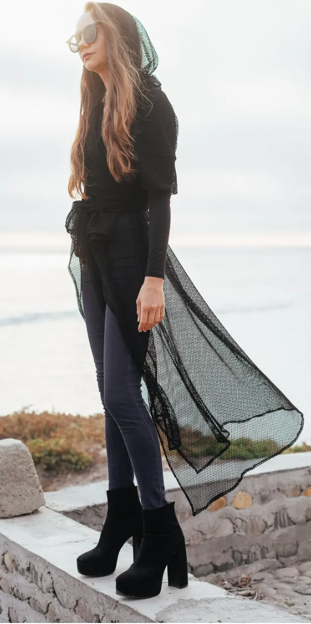 Black Mesh Cloak Hood, Belt, Long
