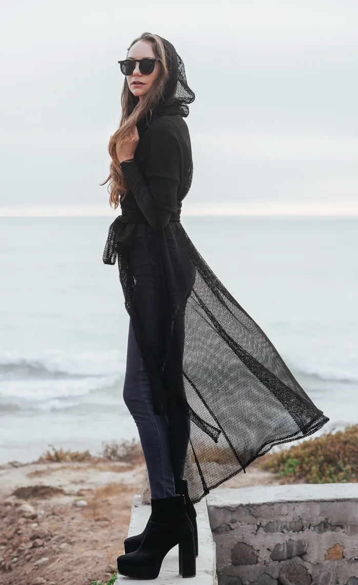 Black Mesh Cloak Hood, Belt, Long