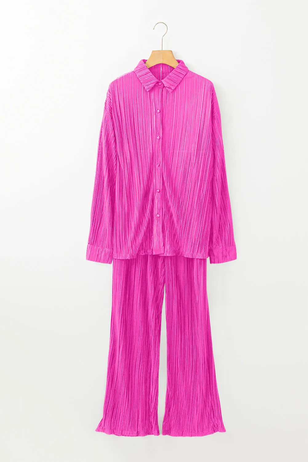 Black Pleated Long Sleeve Shirt and Wide-Leg Pants Set