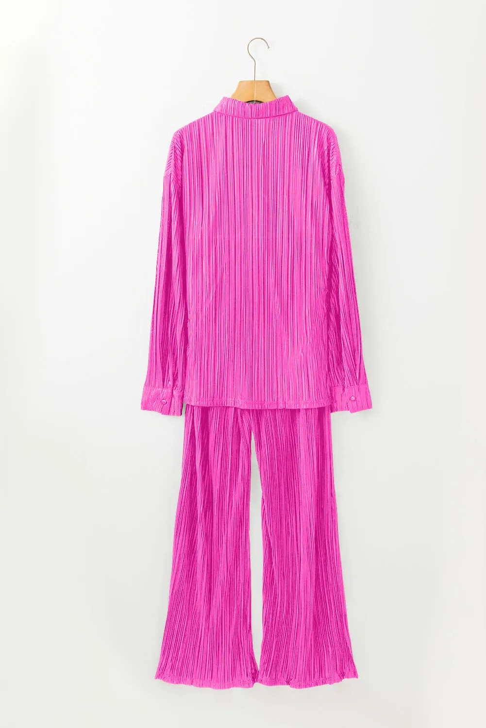 Black Pleated Long Sleeve Shirt and Wide-Leg Pants Set