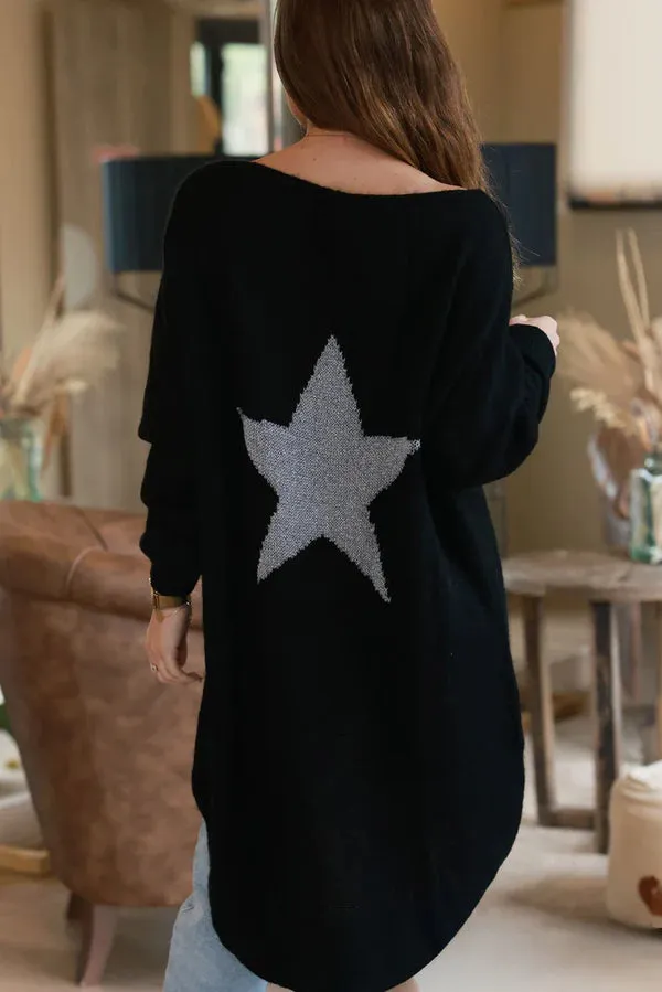 Black Silver Star Wool Blend Slouchy Knit Top