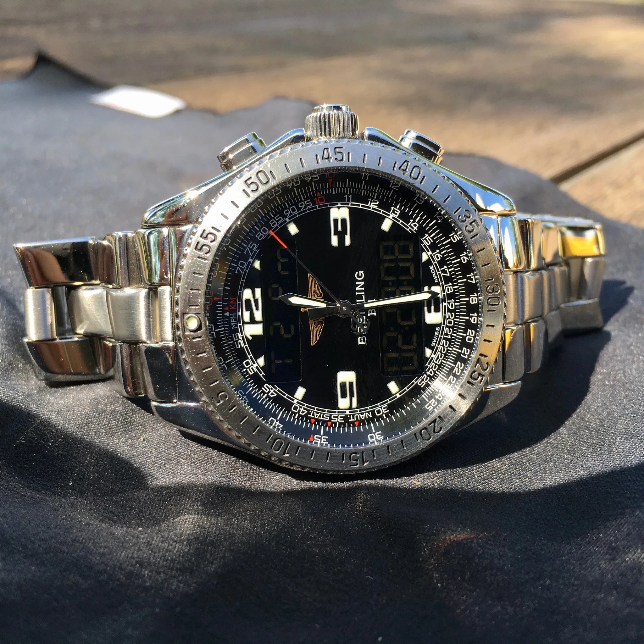 Breitling B-1 A68362 Stainless Steel Digital Analog Black Chronograph Wristwatch