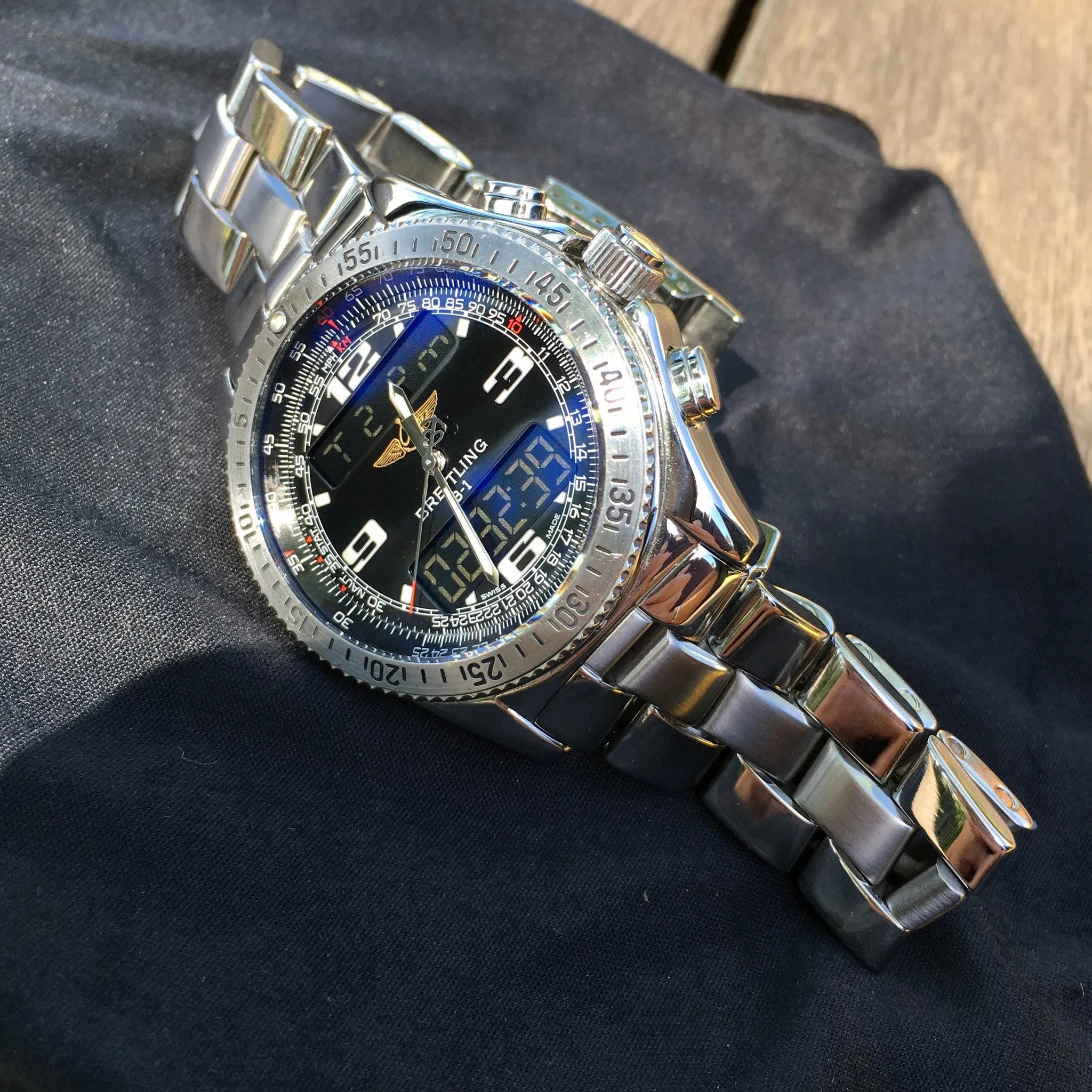 Breitling B-1 A68362 Stainless Steel Digital Analog Black Chronograph Wristwatch