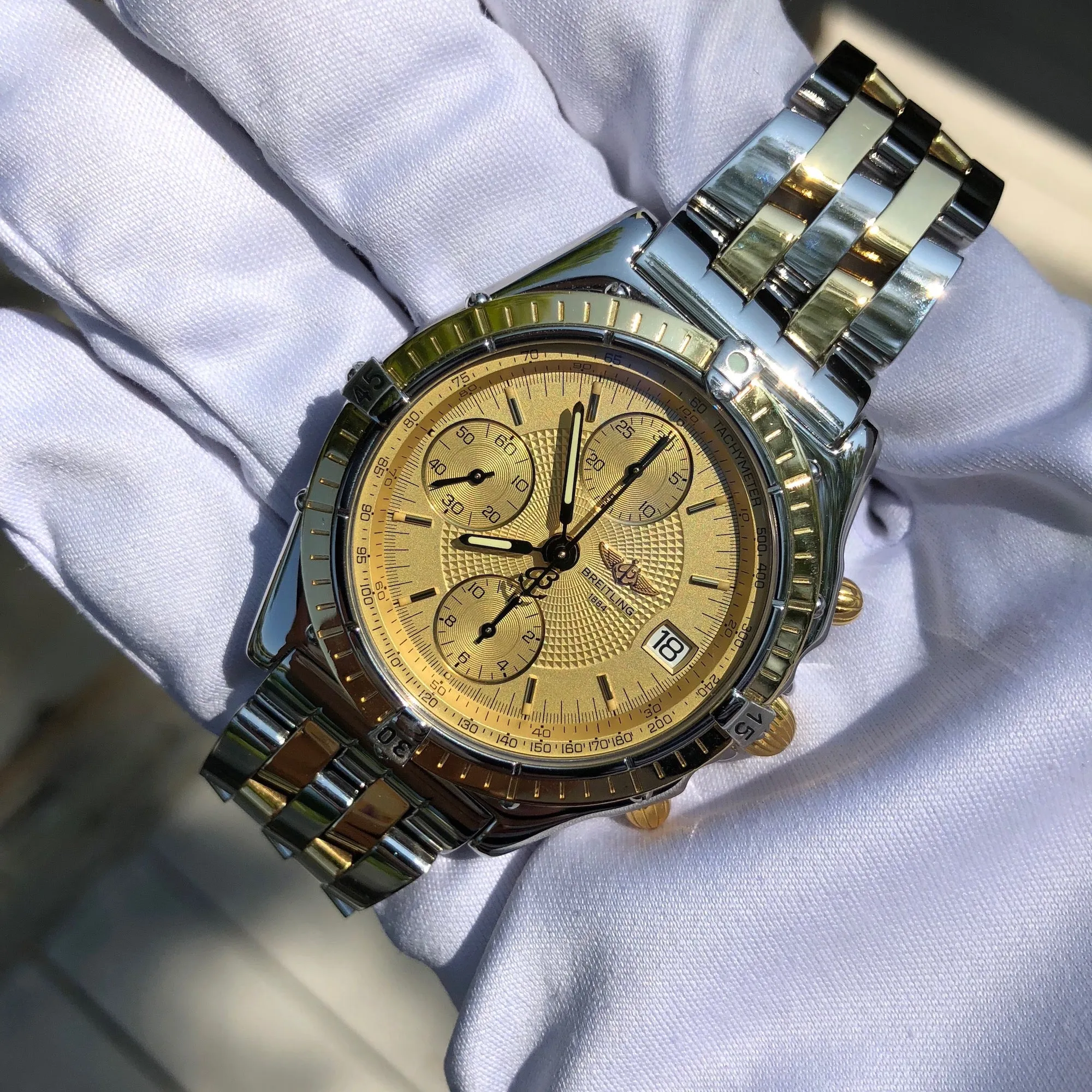 Breitling Chronomat 13050 Chronograph Two Tone Steel Gold Automatic Wristwatch Box Papers