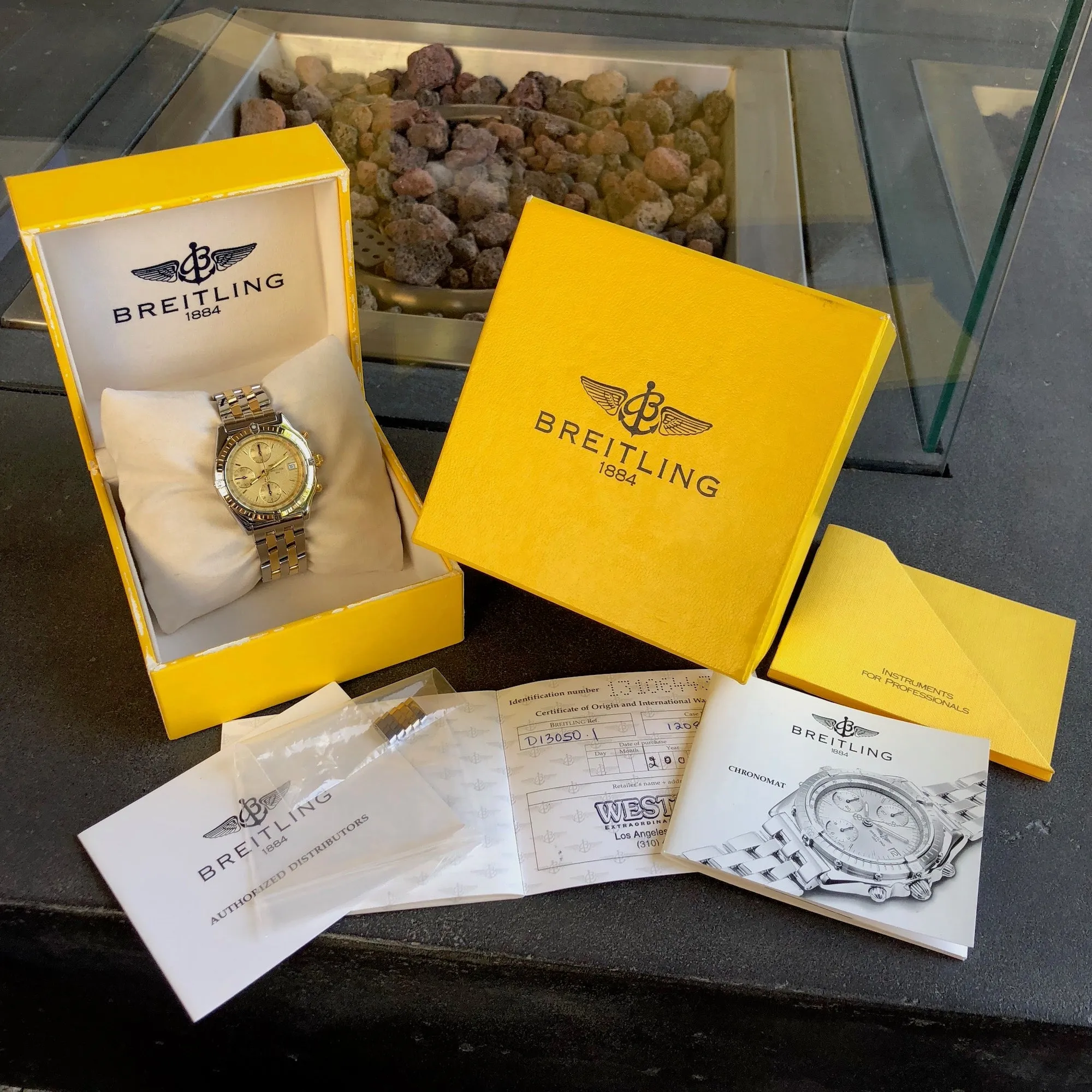 Breitling Chronomat 13050 Chronograph Two Tone Steel Gold Automatic Wristwatch Box Papers