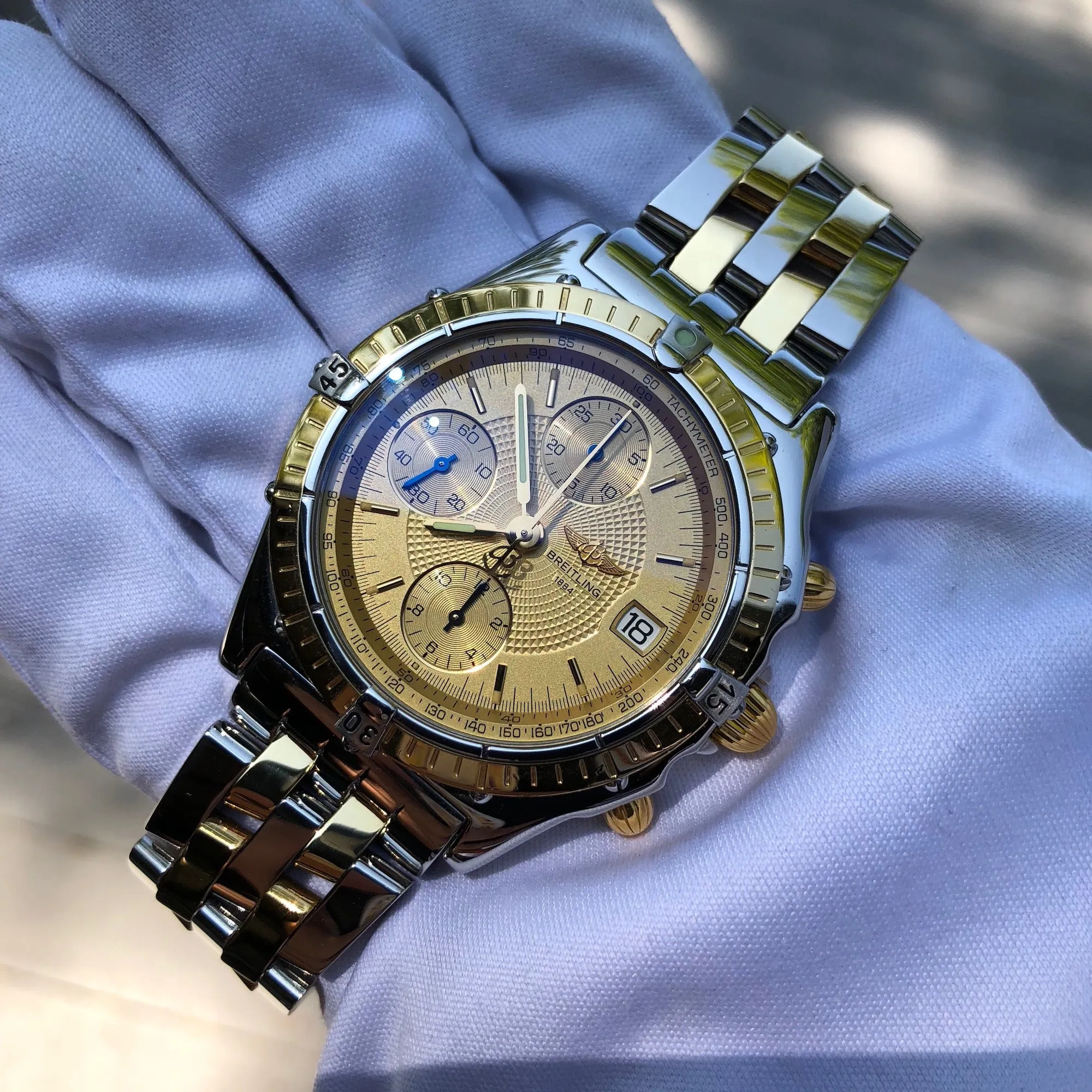 Breitling Chronomat 13050 Chronograph Two Tone Steel Gold Automatic Wristwatch Box Papers