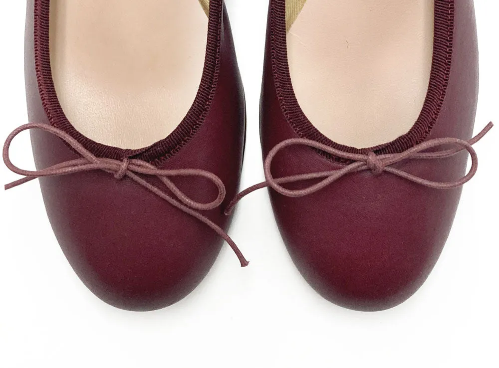 Burgundy leather ballet flats with heel