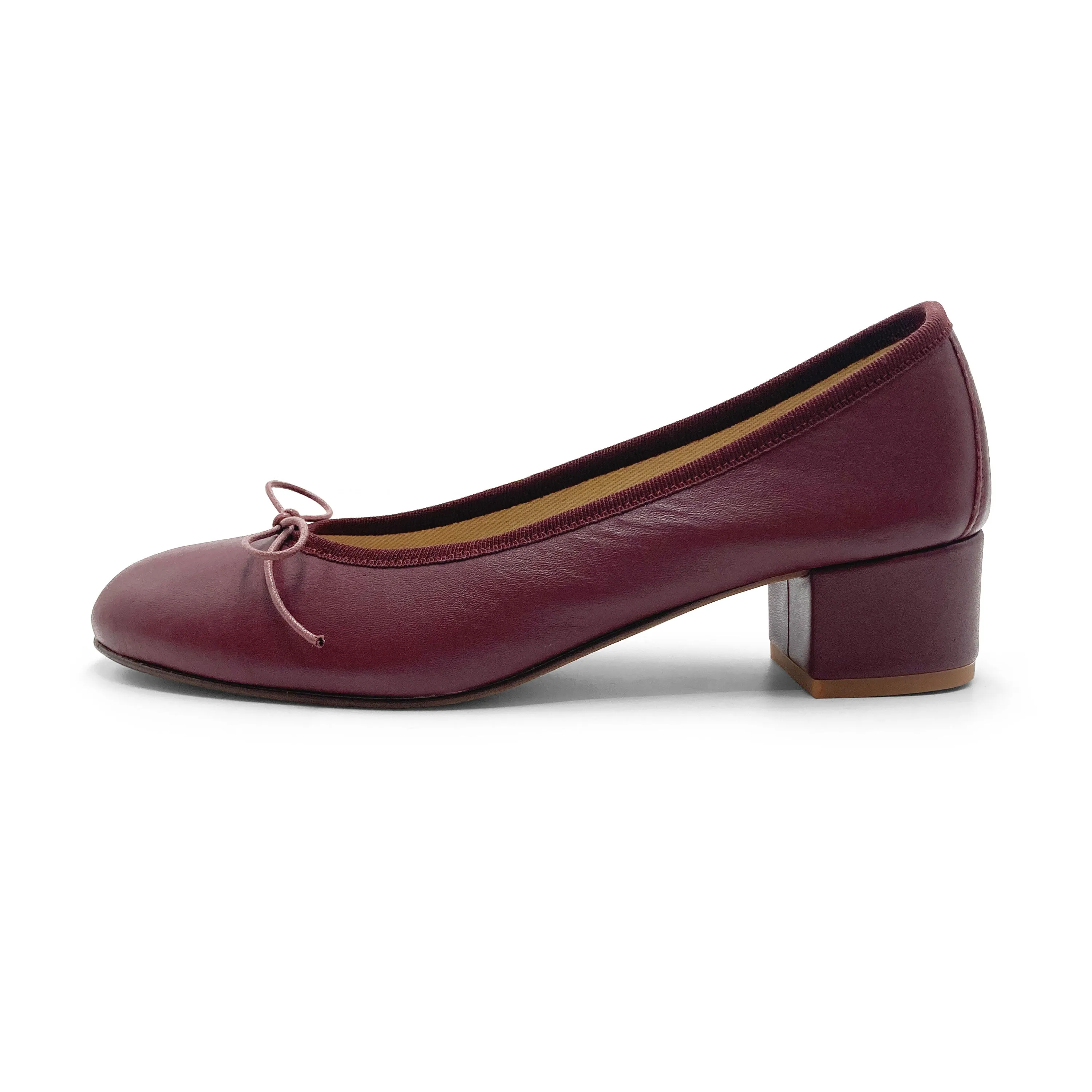 Burgundy leather ballet flats with heel
