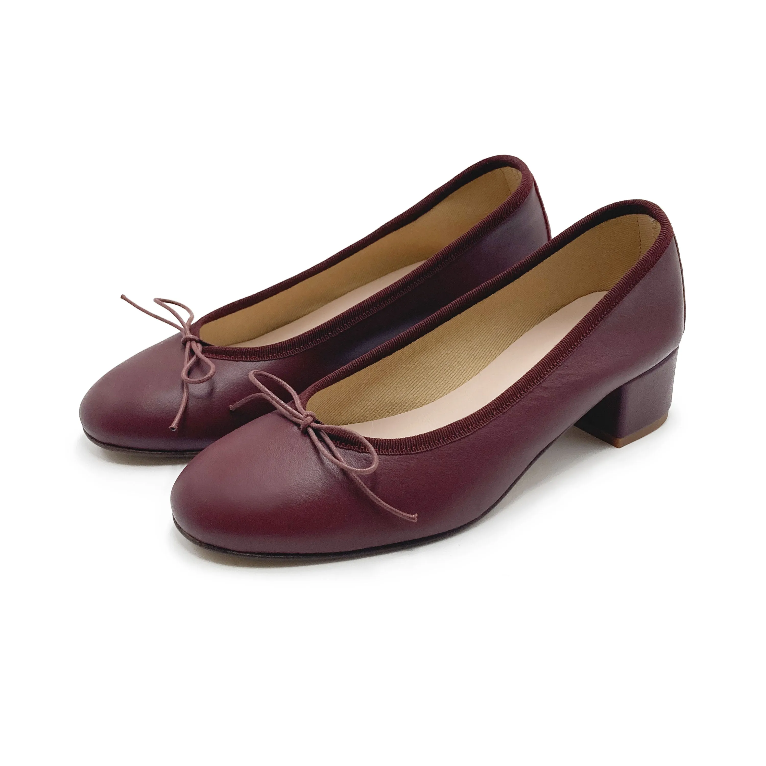 Burgundy leather ballet flats with heel