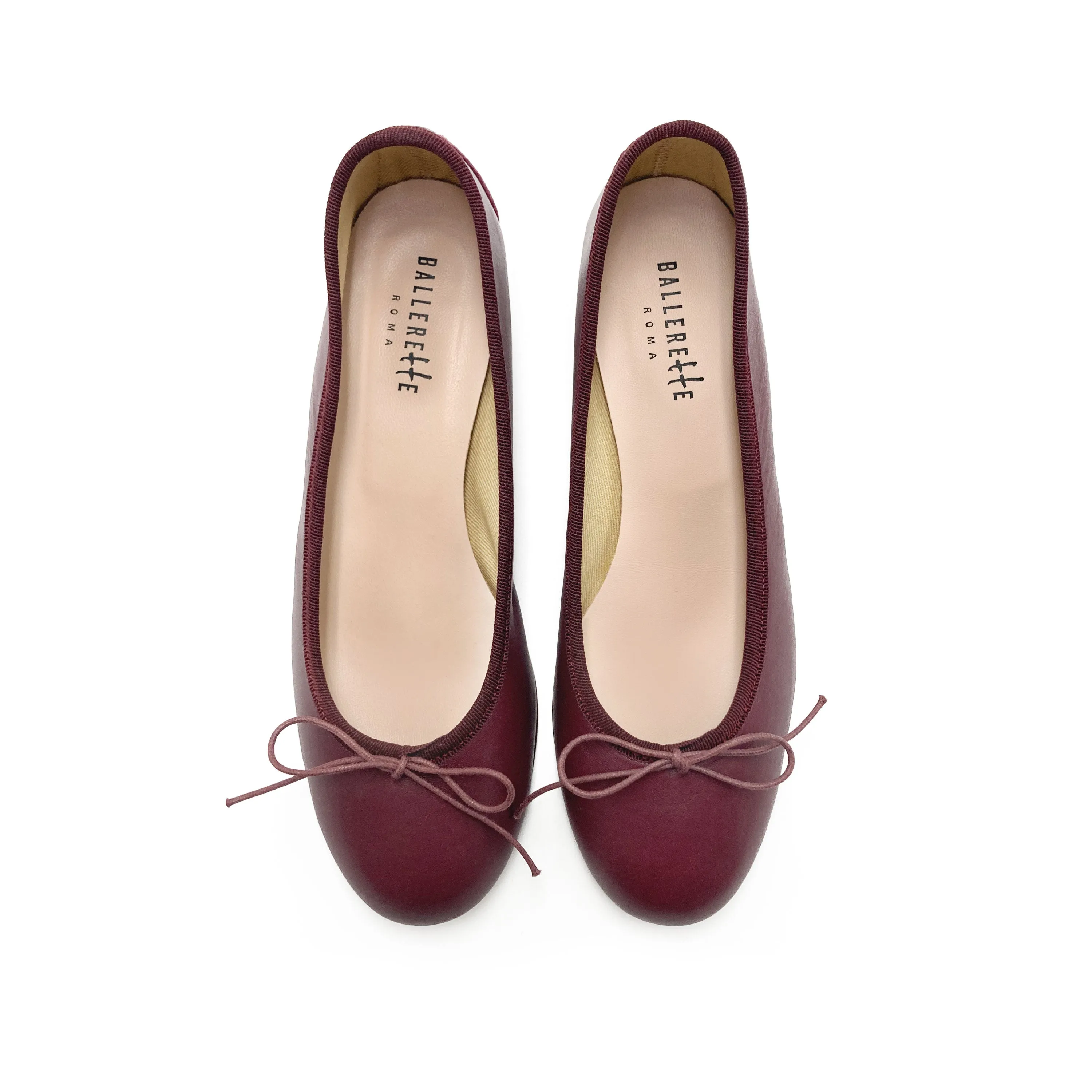 Burgundy leather ballet flats with heel