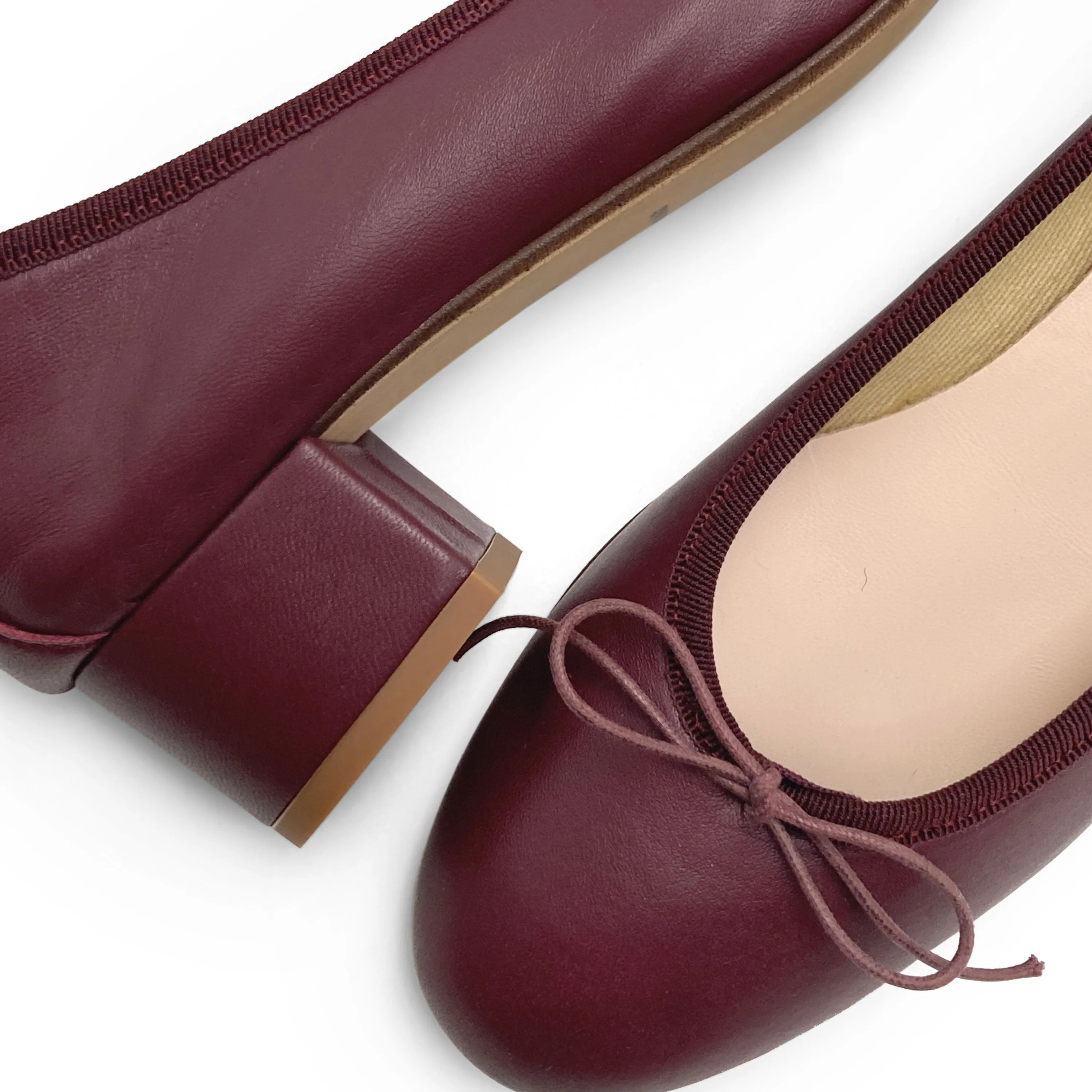 Burgundy leather ballet flats with heel