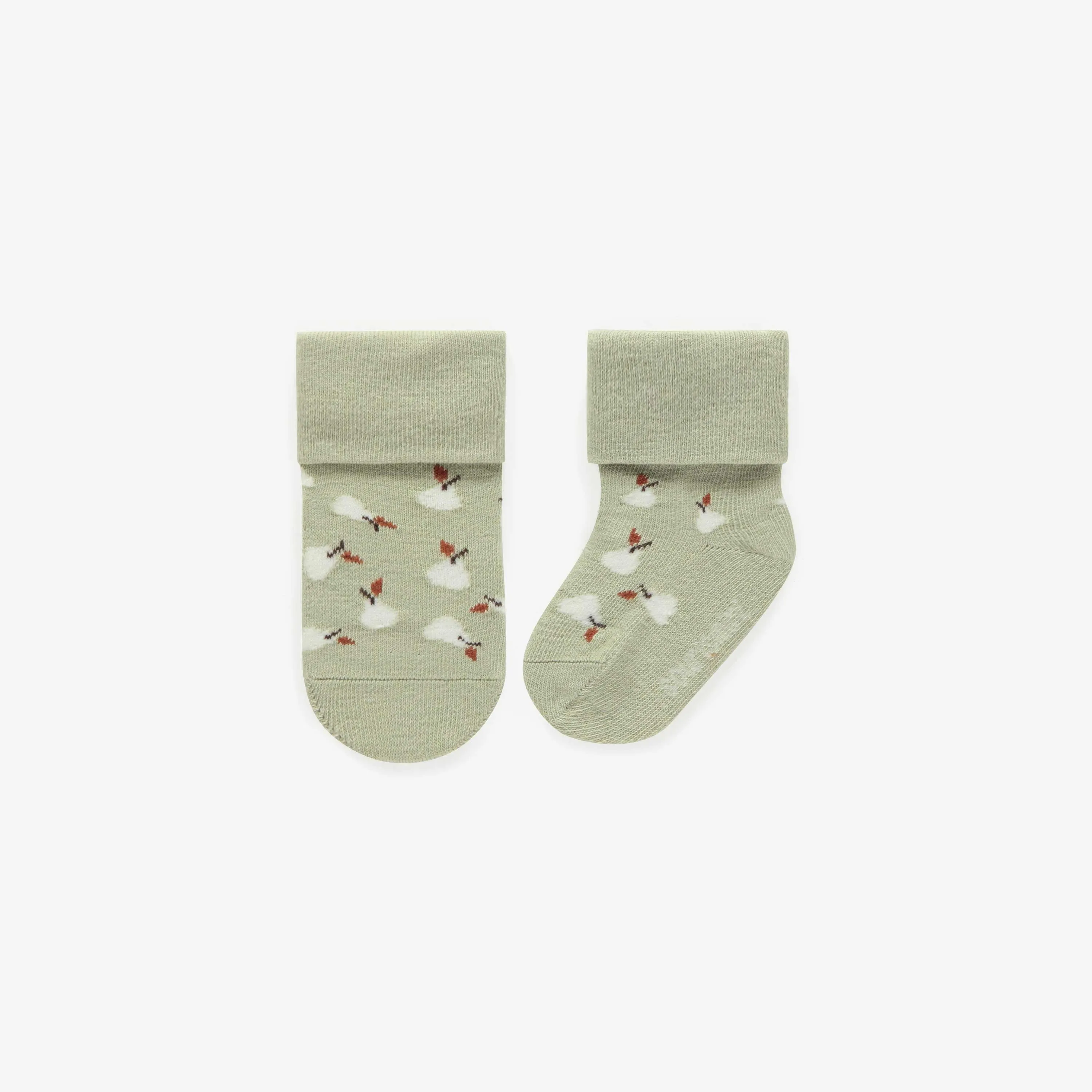 Chaussettes extensibles vertes pâles avec des poires, naissance || Pale green stretchy socks with pears, newborn