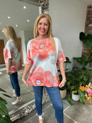 Coral Pearl Flower Knit Top Wendy