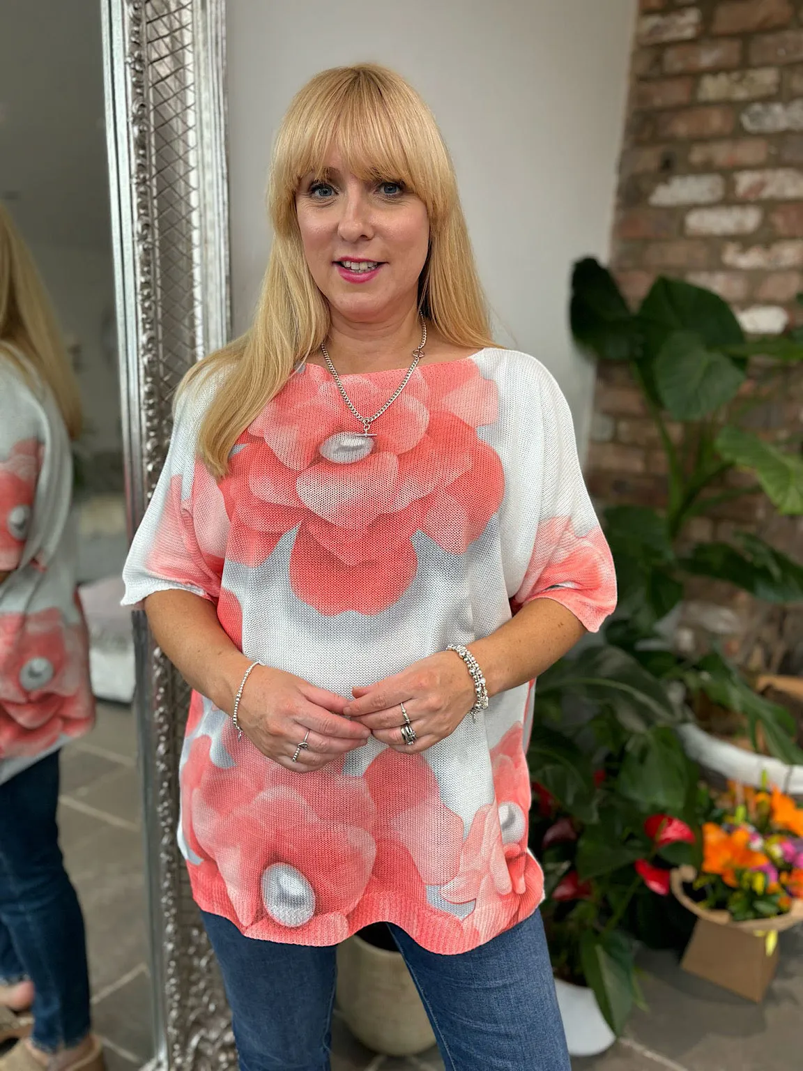 Coral Pearl Flower Knit Top Wendy