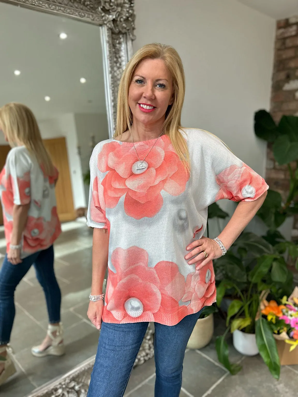 Coral Pearl Flower Knit Top Wendy