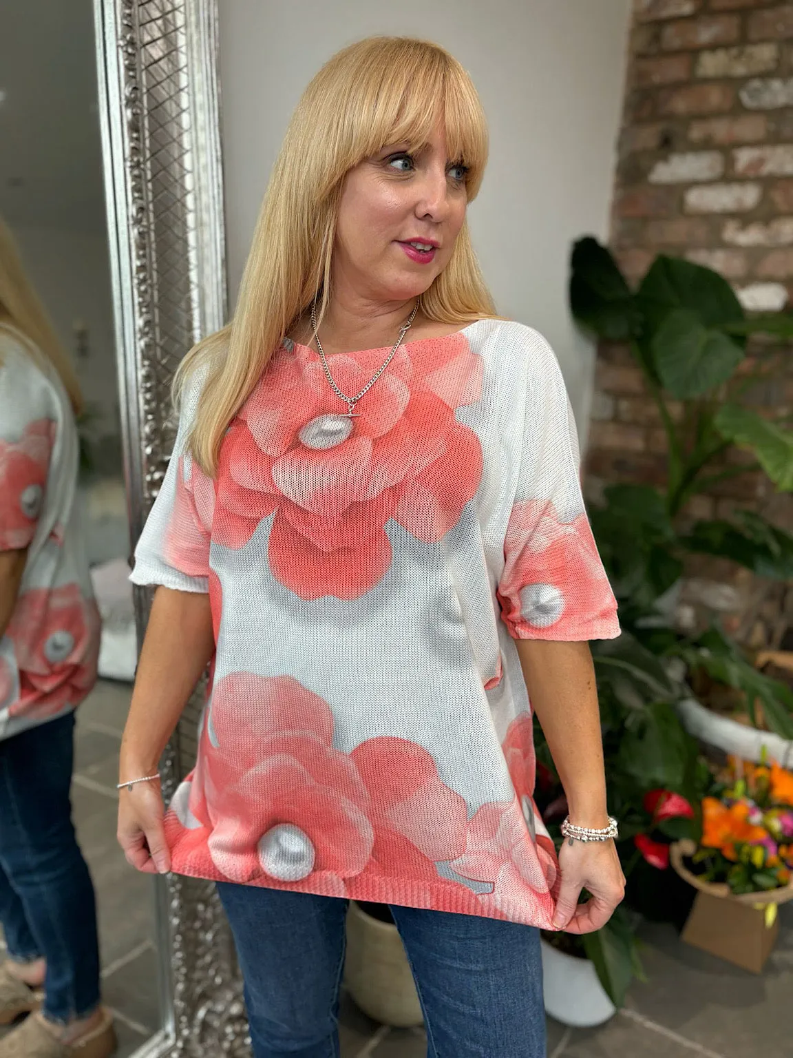 Coral Pearl Flower Knit Top Wendy