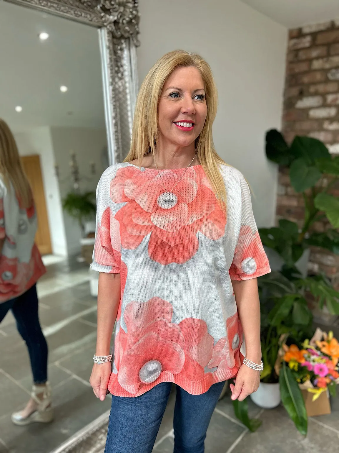 Coral Pearl Flower Knit Top Wendy