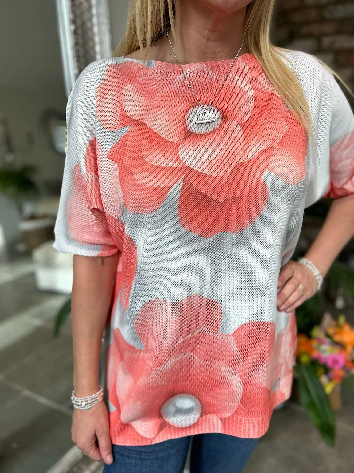 Coral Pearl Flower Knit Top Wendy