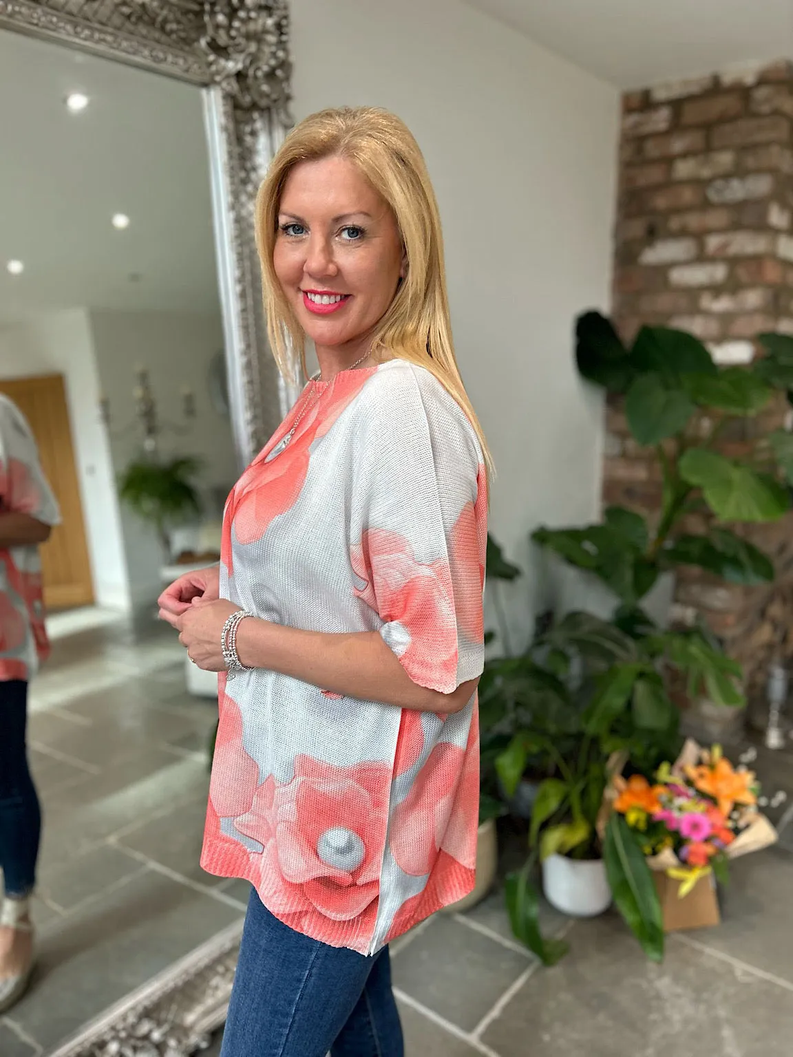 Coral Pearl Flower Knit Top Wendy