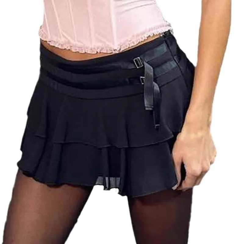Edgy Low-Waist Cascading Ruffle Mini Skirt with Buckle Detail