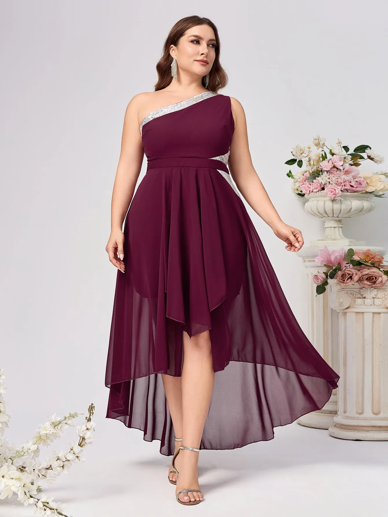 Elegant Asymmetrical One-Shoulder Dress with Flowing Layers