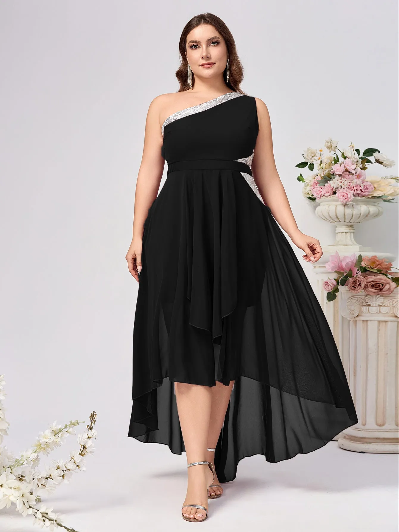 Elegant Asymmetrical One-Shoulder Dress with Flowing Layers