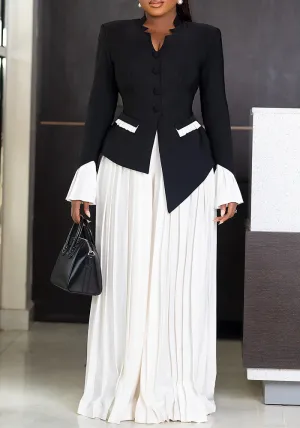 Elegant Bell-Sleeve Blazer and Pleated Wide-Leg Pants Two-Piece Set