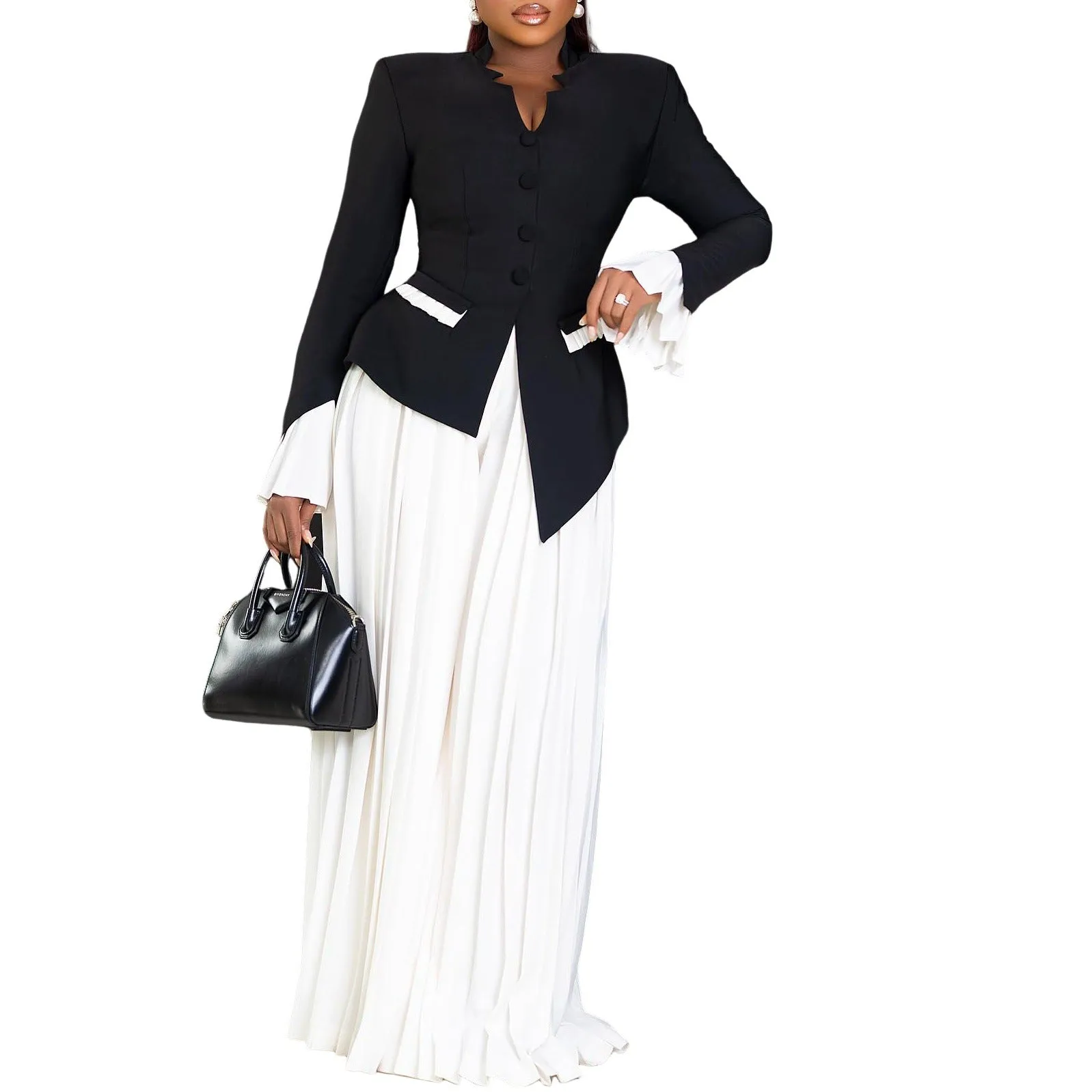 Elegant Bell-Sleeve Blazer and Pleated Wide-Leg Pants Two-Piece Set