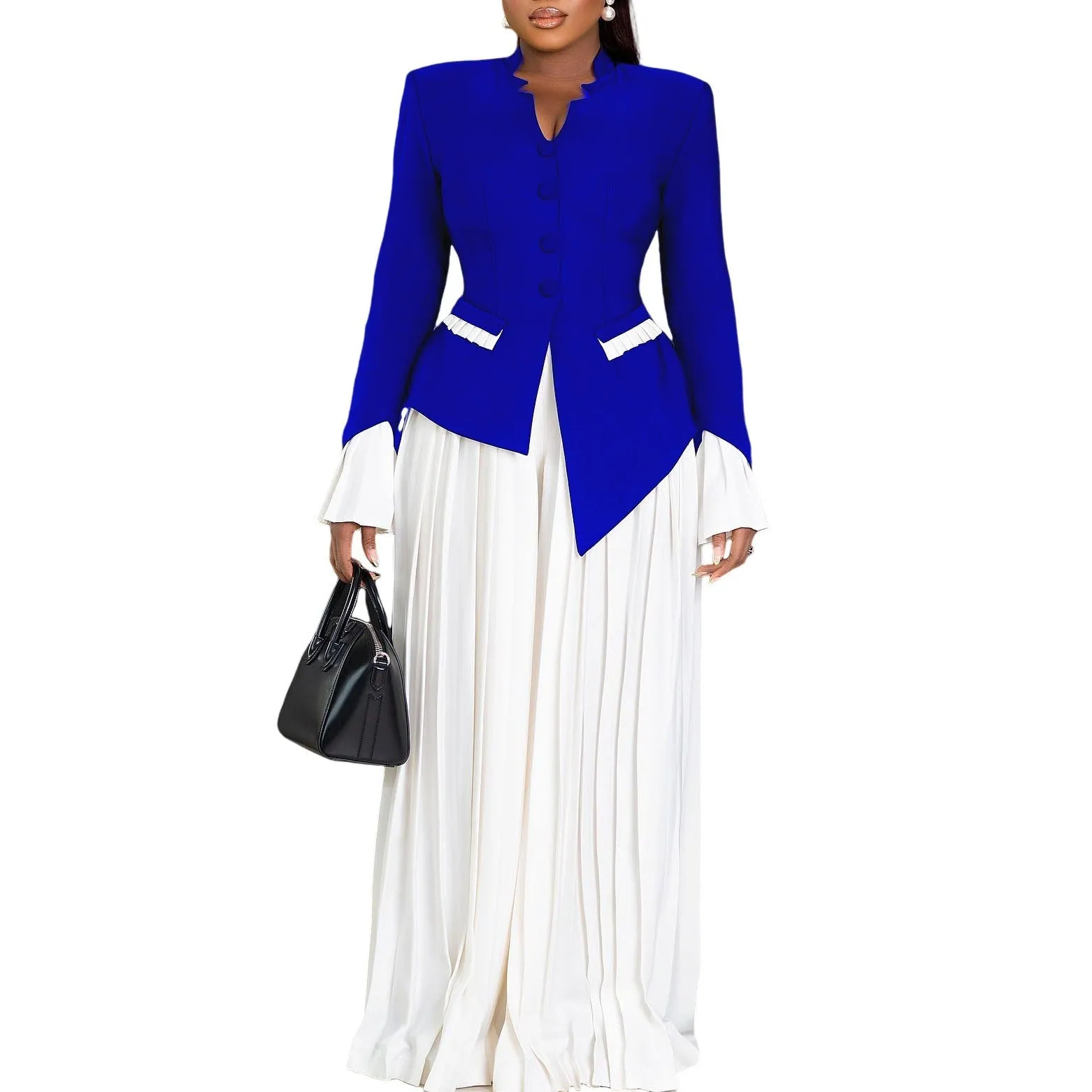 Elegant Bell-Sleeve Blazer and Pleated Wide-Leg Pants Two-Piece Set